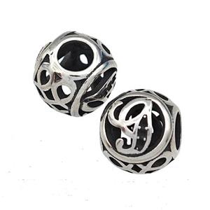 Stainless Steel hollow bead, Antique silver, approx 9-10mm, 4mm hole
