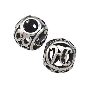 Stainless Steel Round Beads Letter-H Hollow Large Hole Antique Silver, approx 9-10mm, 4mm hole