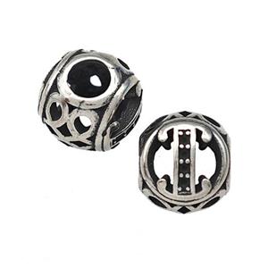Stainless Steel hollow bead, Antique silver, approx 9-10mm, 4mm hole