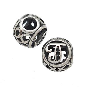Stainless Steel Round Beads Letter-J Hollow Large Hole Antique Silver, approx 9-10mm, 4mm hole