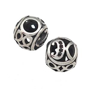 Stainless Steel Round Beads Letter-K Hollow Large Hole Antique Silver, approx 9-10mm, 4mm hole