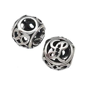 Stainless Steel Round Beads Letter-L Hollow Large Hole Antique Silver, approx 9-10mm, 4mm hole