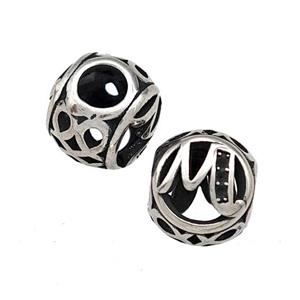 Stainless Steel Round Beads Letter-M Hollow Large Hole Antique Silver, approx 9-10mm, 4mm hole