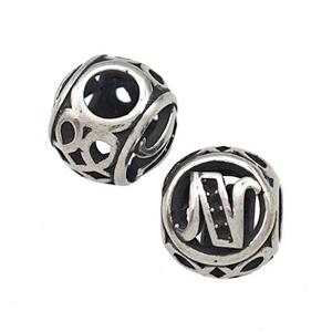 Stainless Steel Round Beads Letter-N Hollow Large Hole Antique Silver, approx 9-10mm, 4mm hole
