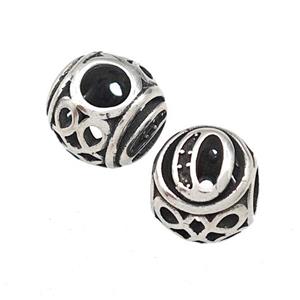 Stainless Steel Round Beads Letter-O Hollow Large Hole Antique Silver, approx 9-10mm, 4mm hole