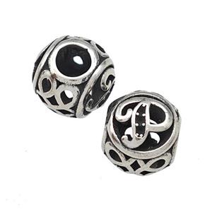 Stainless Steel Round Beads Letter-P Hollow Large Hole Antique Silver, approx 9-10mm, 4mm hole