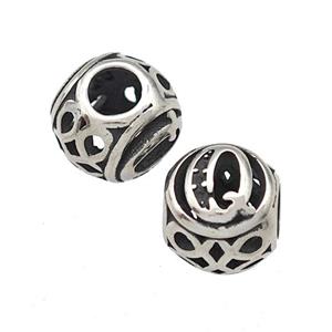Stainless Steel Round Beads Letter-Q Hollow Large Hole Antique Silver, approx 9-10mm, 4mm hole