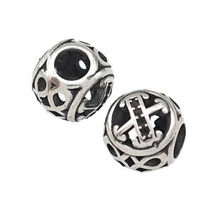 Stainless Steel Round Beads Letter-X Hollow Large Hole Antique Silver, approx 9-10mm, 4mm hole
