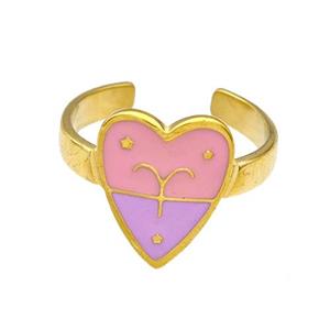 Stainless Steel Heart Rings Zodiac Aries Pink Enamel Gold Plated, approx 12.5-15mm, 18mm dia