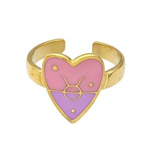 Stainless Steel Heart Rings Zodiac Taurus Pink Enamel Gold Plated, approx 12.5-15mm, 18mm dia