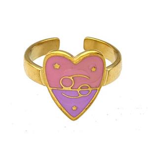 Stainless Steel Heart Rings Zodiac Cancer Pink Enamel Gold Plated, approx 12.5-15mm, 18mm dia