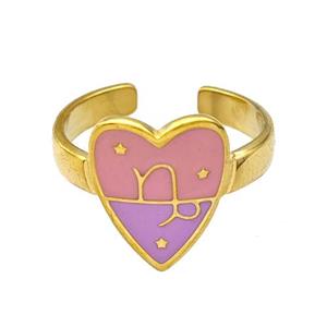 Stainless Steel Heart Rings Zodiac Capricorn Pink Enamel Gold Plated, approx 12.5-15mm, 18mm dia