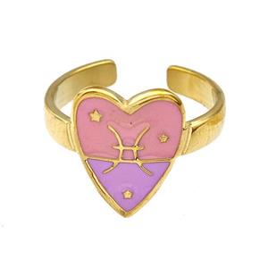 Stainless Steel Heart Rings Zodiac Pisces Pink Enamel Gold Plated, approx 12.5-15mm, 18mm dia