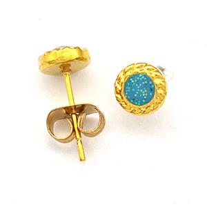 Stainless Steel Stud Earring Aqua Pave Fire Opal Gold Plated, approx 6mm