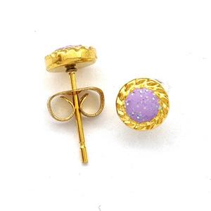 Stainless Steel Stud Earring Pave Purple Fire Opal Gold Plated, approx 6mm