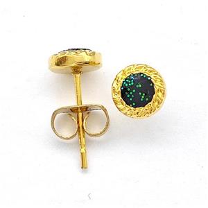 Stainless Steel Stud Earring Pave Black Fire Opal Gold Plated, approx 6mm