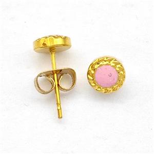 Stainless Steel Stud Earring Pave Pink Fire Opal Gold Plated, approx 6mm
