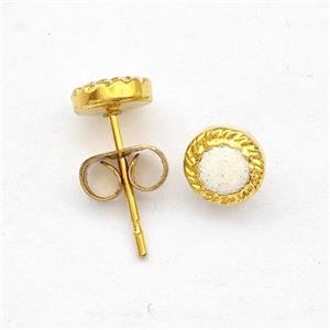 Stainless Steel Stud Earring Pave White Fire Opal Gold Plated, approx 6mm