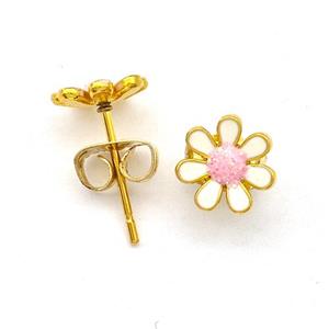 Stainless Steel Daisy Flower Stud Earring Pave Fire Opal White Enamel Gold Plated, approx 8mm