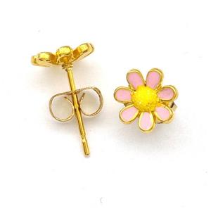 Stainless Steel Daisy Flower Stud Earring Pave Fire Opal Pink Enamel Gold Plated, approx 8mm