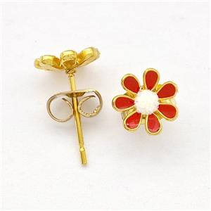 Stainless Steel Daisy Flower Stud Earring Pave Fire Opal Red Enamel Gold Plated, approx 8mm