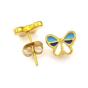 Stainless Steel Butterfly Stud Earrings Multicolor Enamel Gold Plated, approx 7-9mm