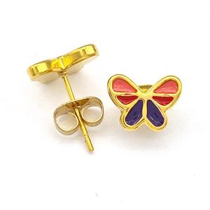 Stainless Steel Butterfly Stud Earrings Multicolor Enamel Gold Plated, approx 7-9mm