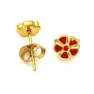 Stainless Steel Flower Stud Earring Red Enamel Gold Plated, approx 6.5mm