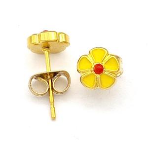 Stainless Steel Flower Stud Earring Yellow Enamel Gold Plated, approx 6.5mm