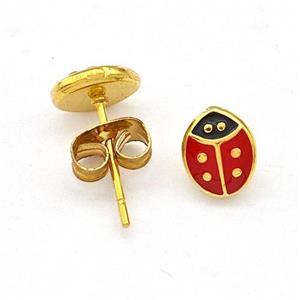 Stainless Steel Beetle Stud Earring Red Enamel Gold Plated, approx 6-7mm
