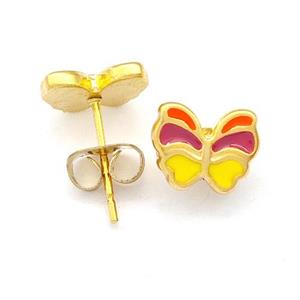 Stainless Steel Butterfly Stud Earring Multicolor Enamel Gold Plated, approx 7-9mm