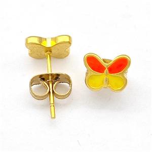 Stainless Steel Butterfly Stud Earring Multicolor Enamel Gold Plated, approx 6-7mm