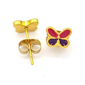 Stainless Steel Butterfly Stud Earring Multicolor Enamel Gold Plated, approx 6-7mm