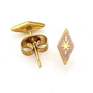 Stainless Steel Compass Stud Earring Lavender Enamel Gold Plated, approx 4-8mm