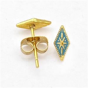 Stainless Steel Compass Stud Earring Green Enamel Gold Plated, approx 4-8mm