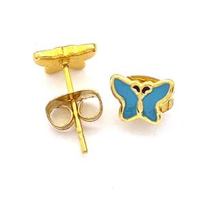 Stainless Steel Butterfly Stud Earring Teal Enamel Gold Plated, approx 5.5-7.5mm