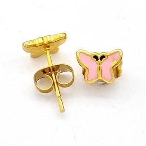 Stainless Steel Butterfly Stud Earring Pink Enamel Gold Plated, approx 5.5-7.5mm