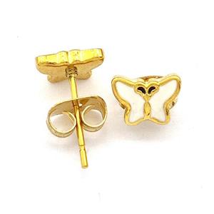 Stainless Steel Butterfly Stud Earring White Enamel Gold Plated, approx 5.5-7.5mm