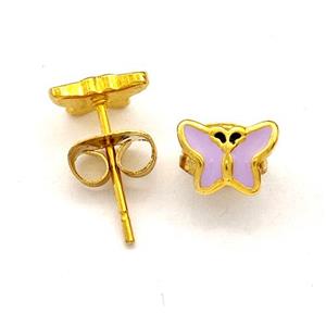Stainless Steel Butterfly Stud Earring Lavender Enamel Gold Plated, approx 5.5-7.5mm
