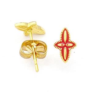Stainless Steel Compass Stud Earring Red Enamel Gold Plated, approx 5.5-8mm