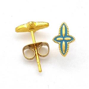 Stainless Steel Compass Stud Earring Green Enamel Gold Plated, approx 5.5-8mm