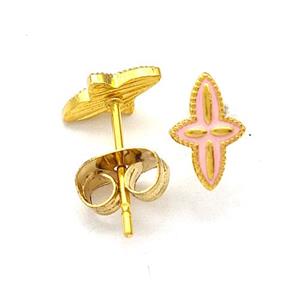 Stainless Steel Compass Stud Earring Pink Enamel Gold Plated, approx 5.5-8mm