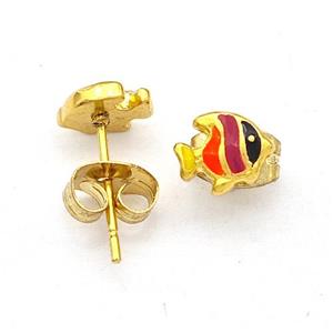 Stainless Steel Fish Stud Earring Multicolor Enamel Gold Plated, approx 6-7mm