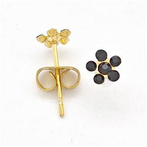 Stainless Steel Flower Stud Earring Pave Black Rhinestone Gold Plated, approx 5mm