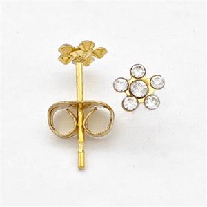 Stainless Steel Flower Stud Earring Pave Rhinestone Gold Plated, approx 5mm