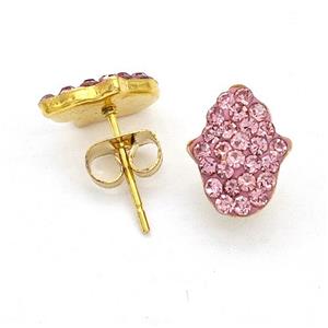 Stainless Steel Hand Stud Earring Pave Pink Rhinestone Gold Plated, approx 9-11mm