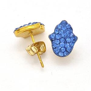 Stainless Steel Hand Stud Earring Pave Blue Rhinestone Gold Plated, approx 9-11mm