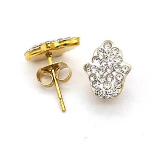 Stainless Steel Hand Stud Earring Pave Rhinestone Gold Plated, approx 9-11mm