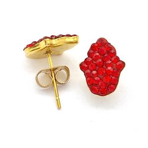 Stainless Steel Hand Stud Earring Pave Red Rhinestone Gold Plated, approx 9-11mm