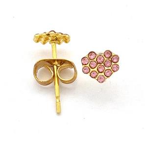 Stainless Steel Heart Stud Earring Pave Pink Rhinestone Gold Plated, approx 5-5.5mm